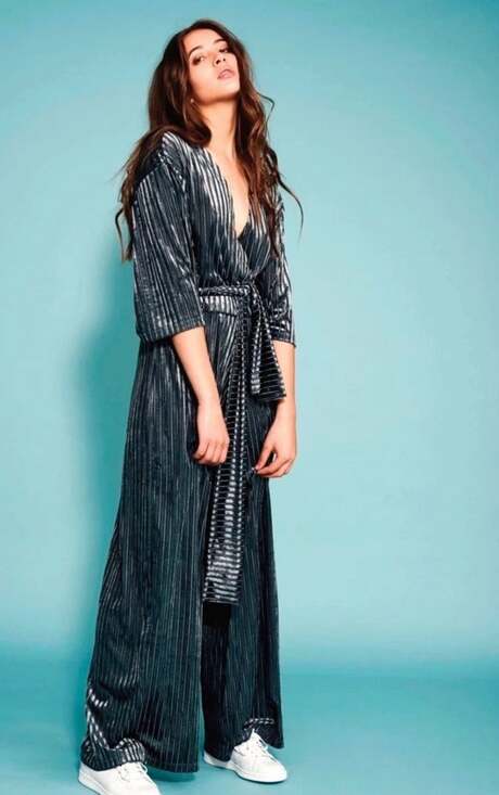 Zara Pants - Zara Trafaluc Velvet Stripe Wide Leg Wrap Jumpsuit Belted Gray women’s L